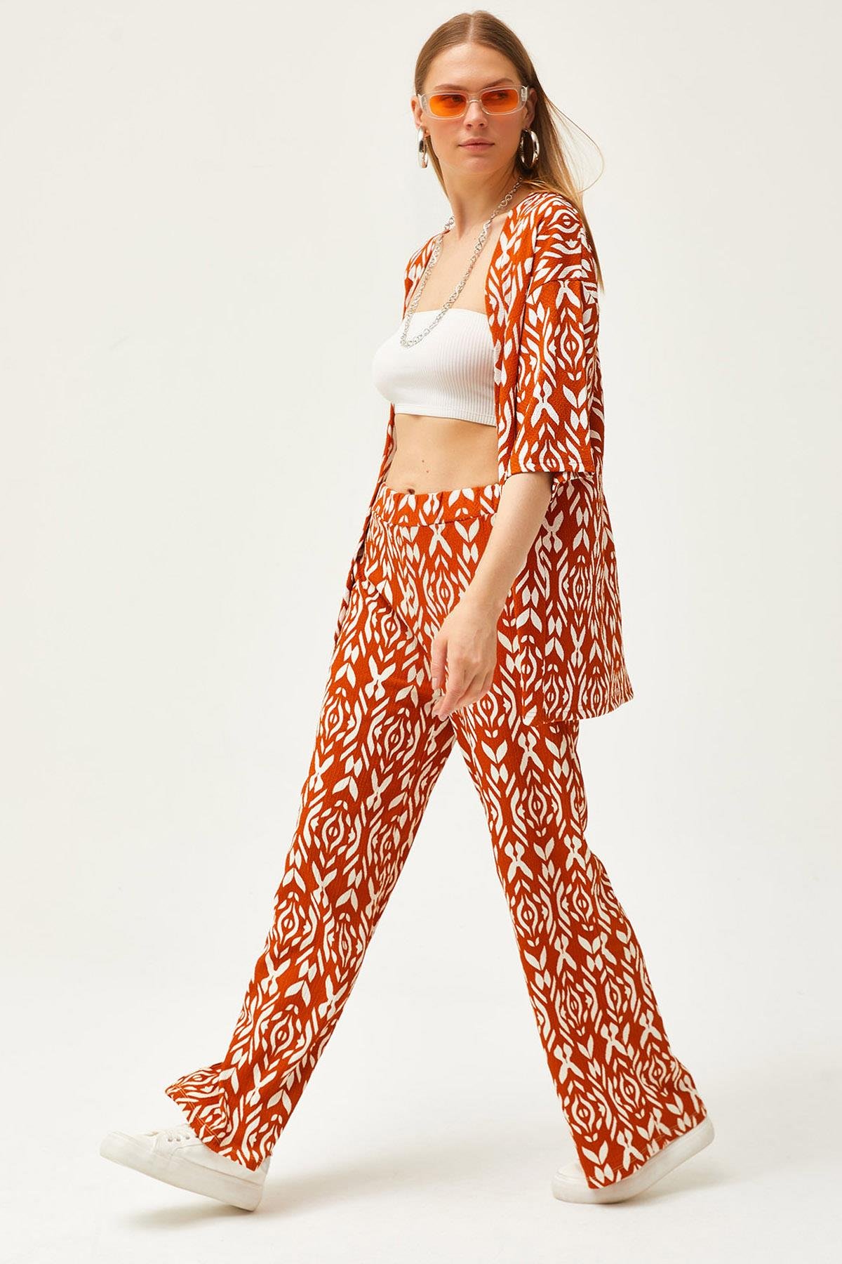 Üst Kimono Alt Pantolon Desenli Takım Tarçın