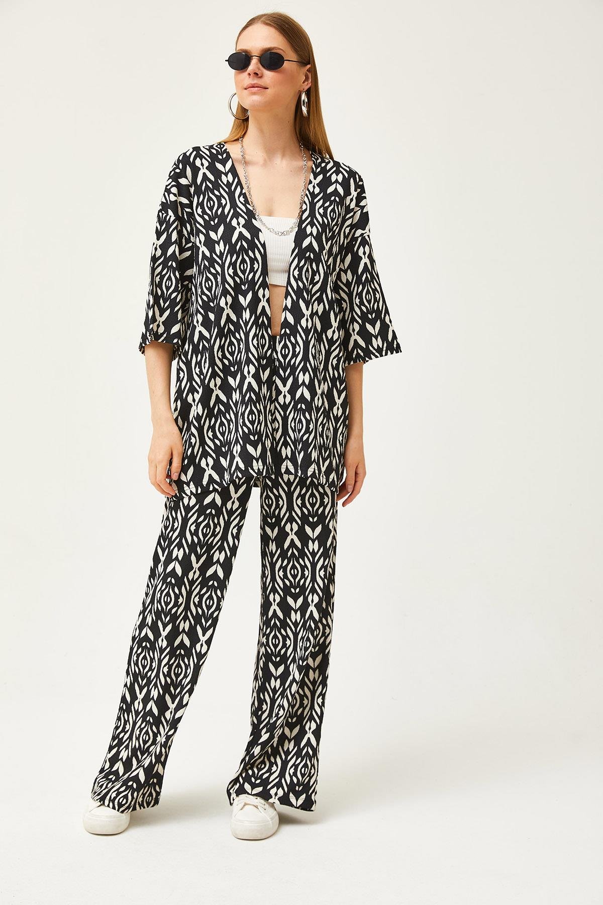 Üst Kimono Alt Pantolon Desenli Takım Siyah
