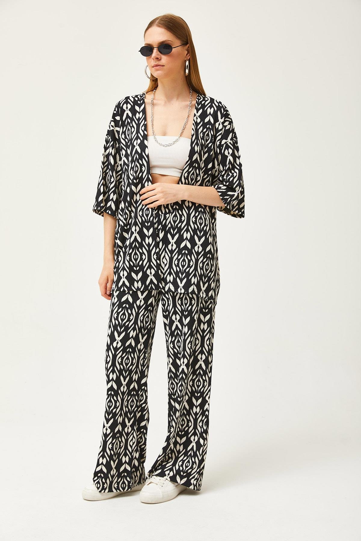 Üst Kimono Alt Pantolon Desenli Takım Siyah