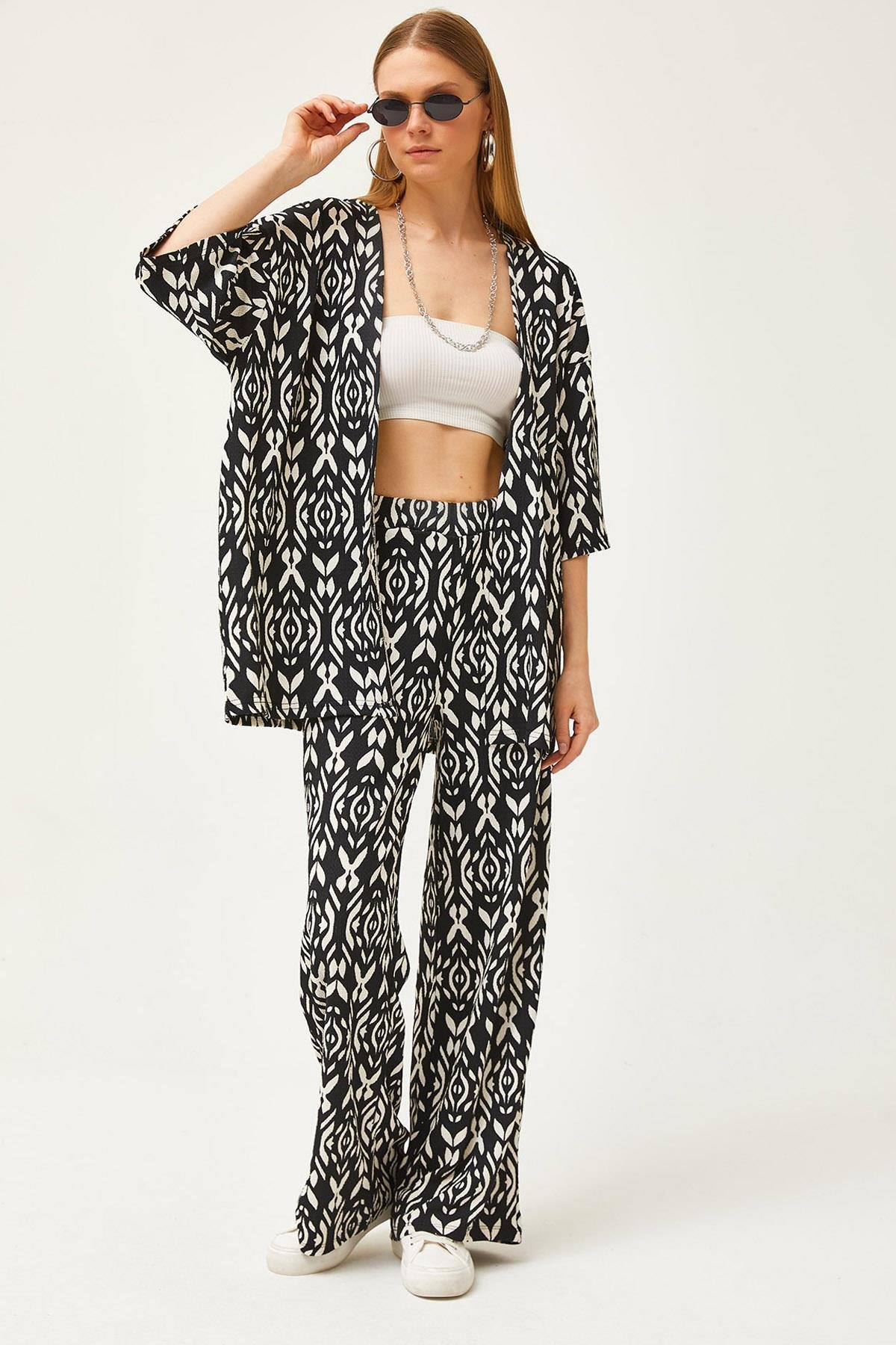 Üst Kimono Alt Pantolon Desenli Takım Siyah