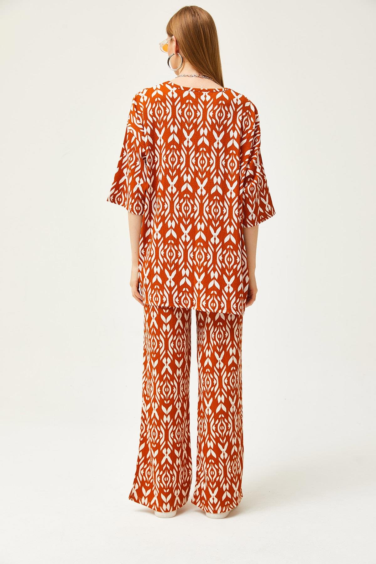 Üst Kimono Alt Pantolon Desenli Takım Tarçın
