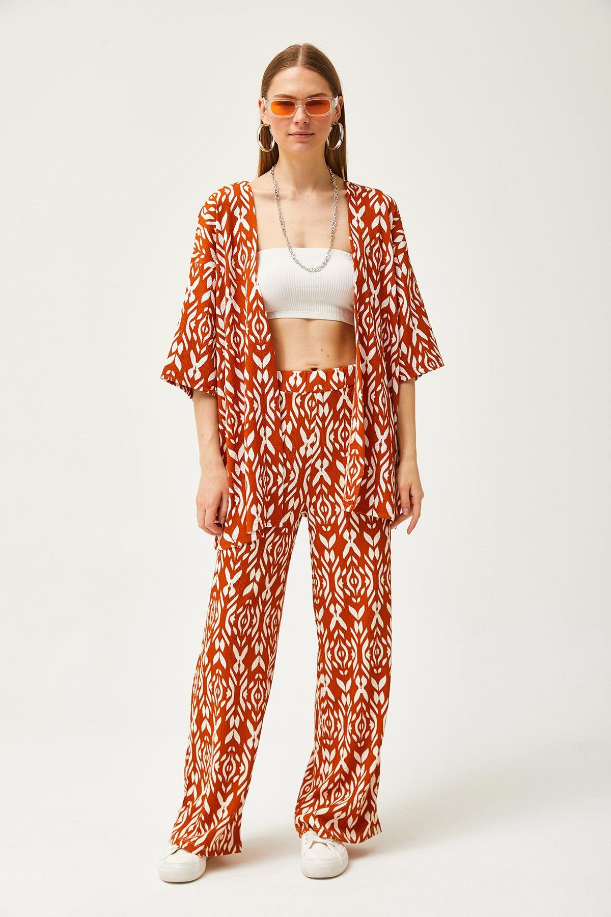 Üst Kimono Alt Pantolon Desenli Takım Tarçın