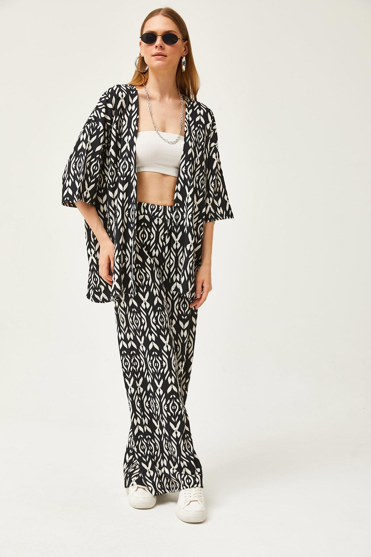 Üst Kimono Alt Pantolon Desenli Takım Siyah