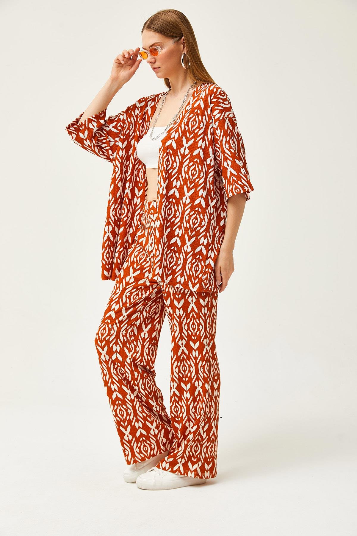 Üst Kimono Alt Pantolon Desenli Takım Tarçın