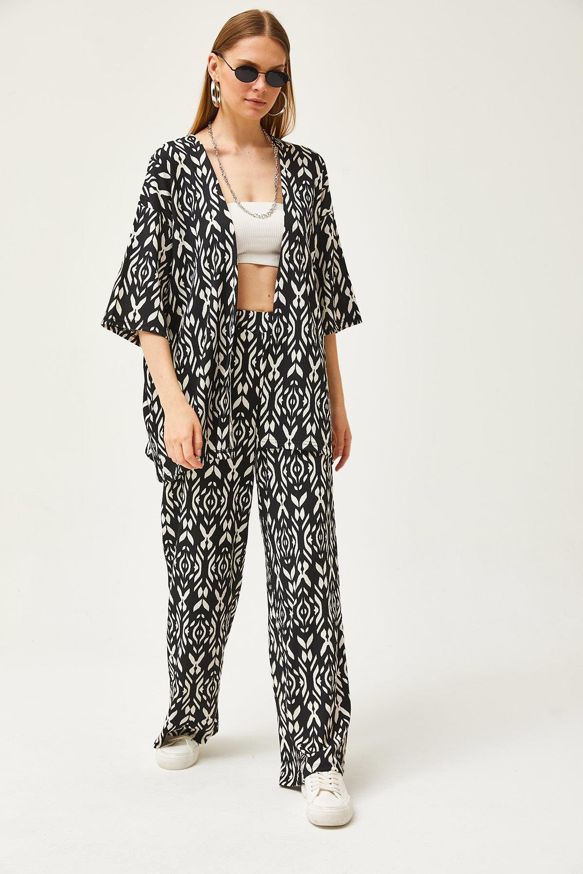 Üst Kimono Alt Pantolon Desenli Takım Siyah