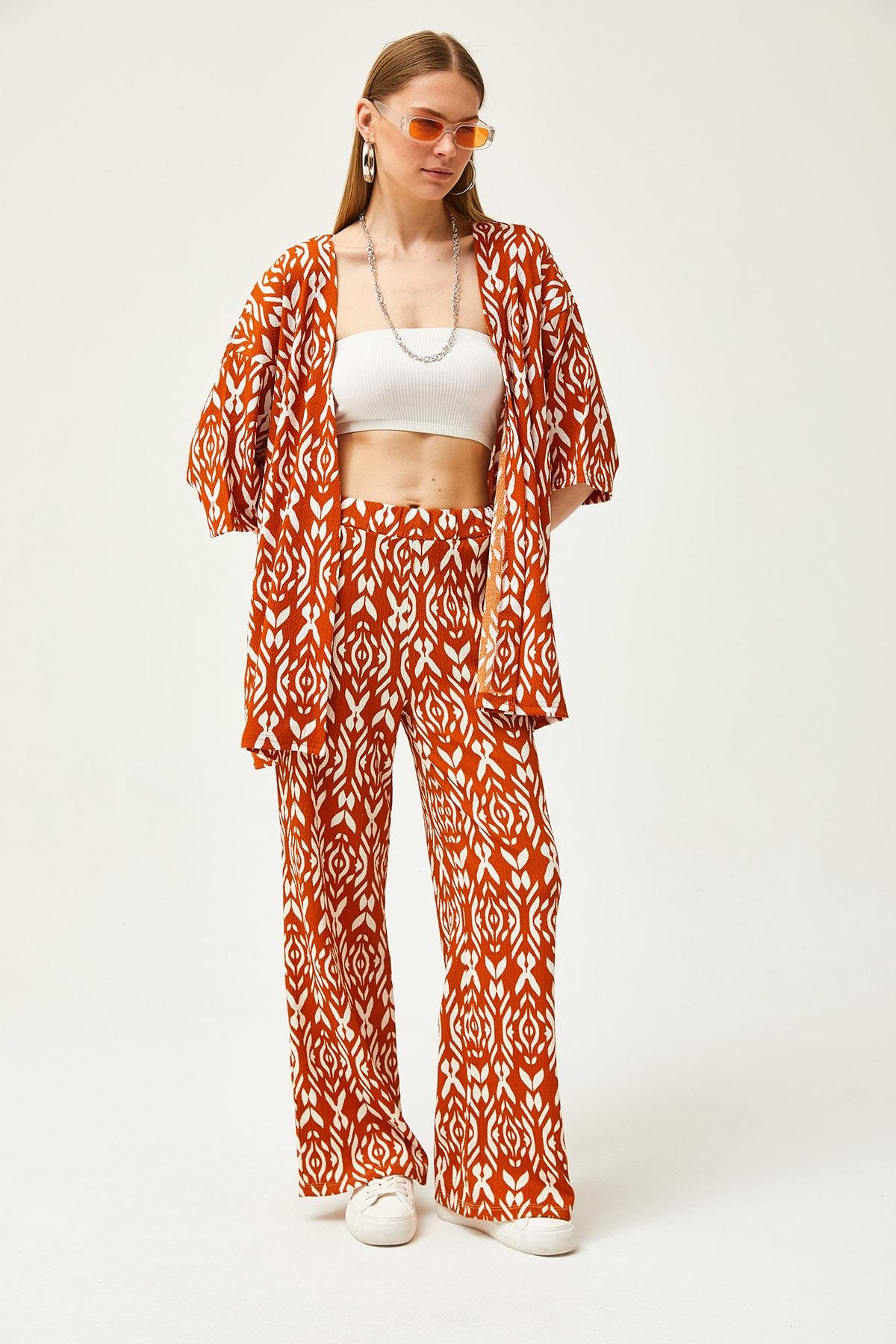Üst Kimono Alt Pantolon Desenli Takım Tarçın