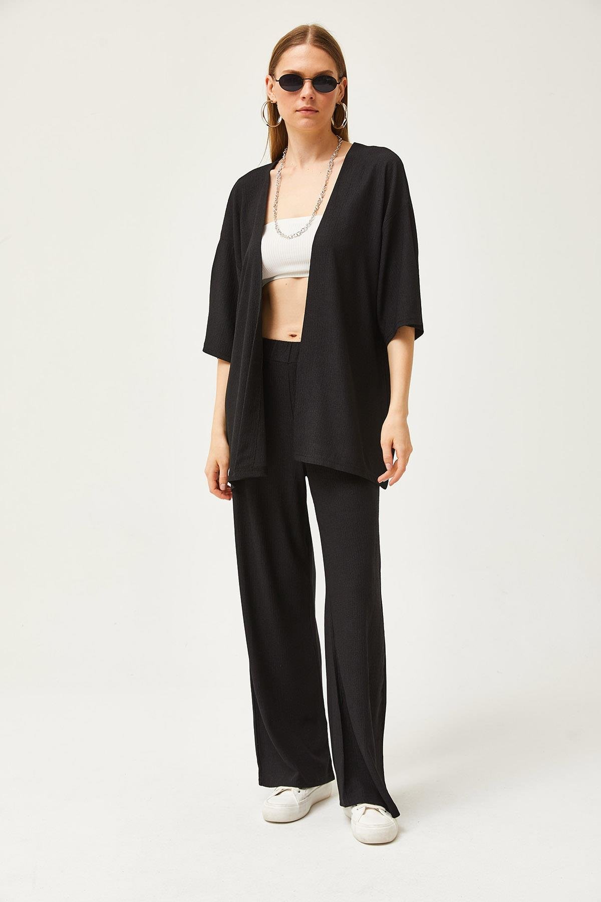 Üst Kimono Alt Pantolon Takım Siyah