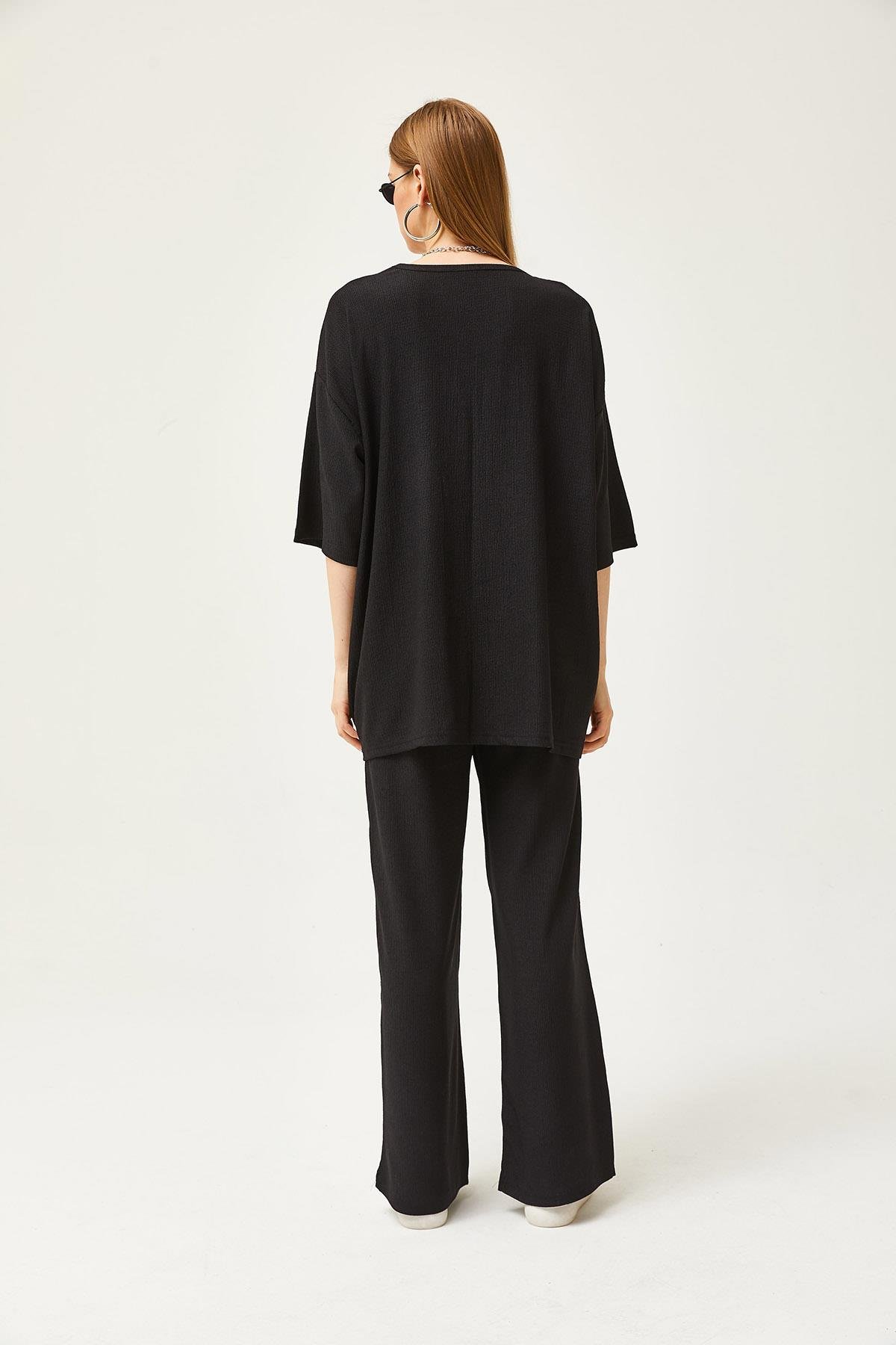 Üst Kimono Alt Pantolon Takım Siyah