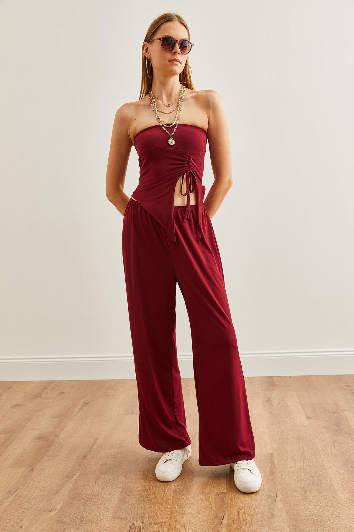 Üst Straplez Asimetrik Bluz Alt Palazzo Pantolon Takım Bordo
