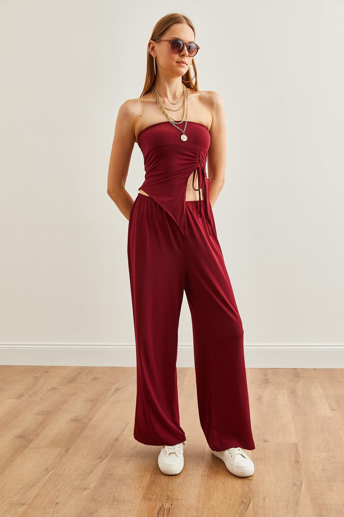 Üst Straplez Asimetrik Bluz Alt Palazzo Pantolon Takım Bordo