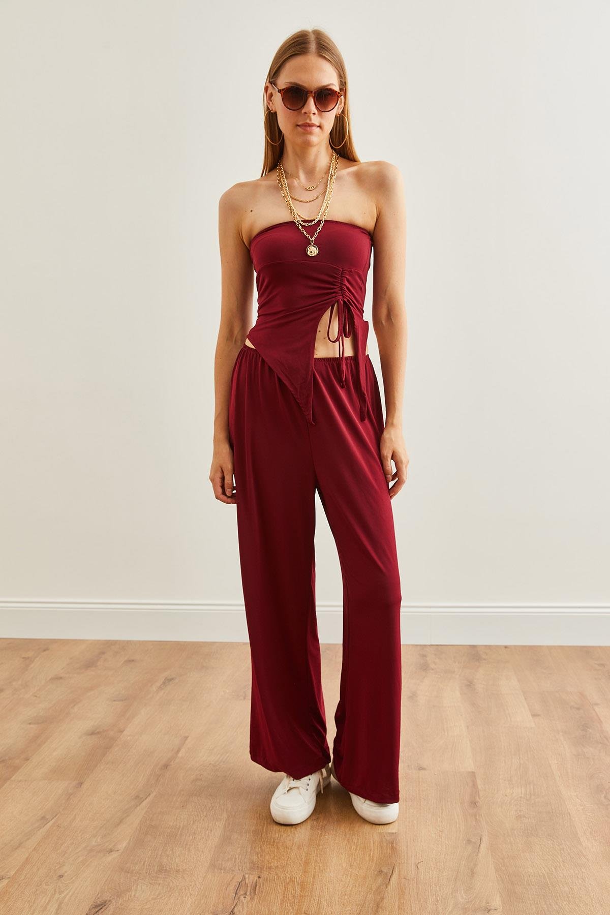 Üst Straplez Asimetrik Bluz Alt Palazzo Pantolon Takım Bordo