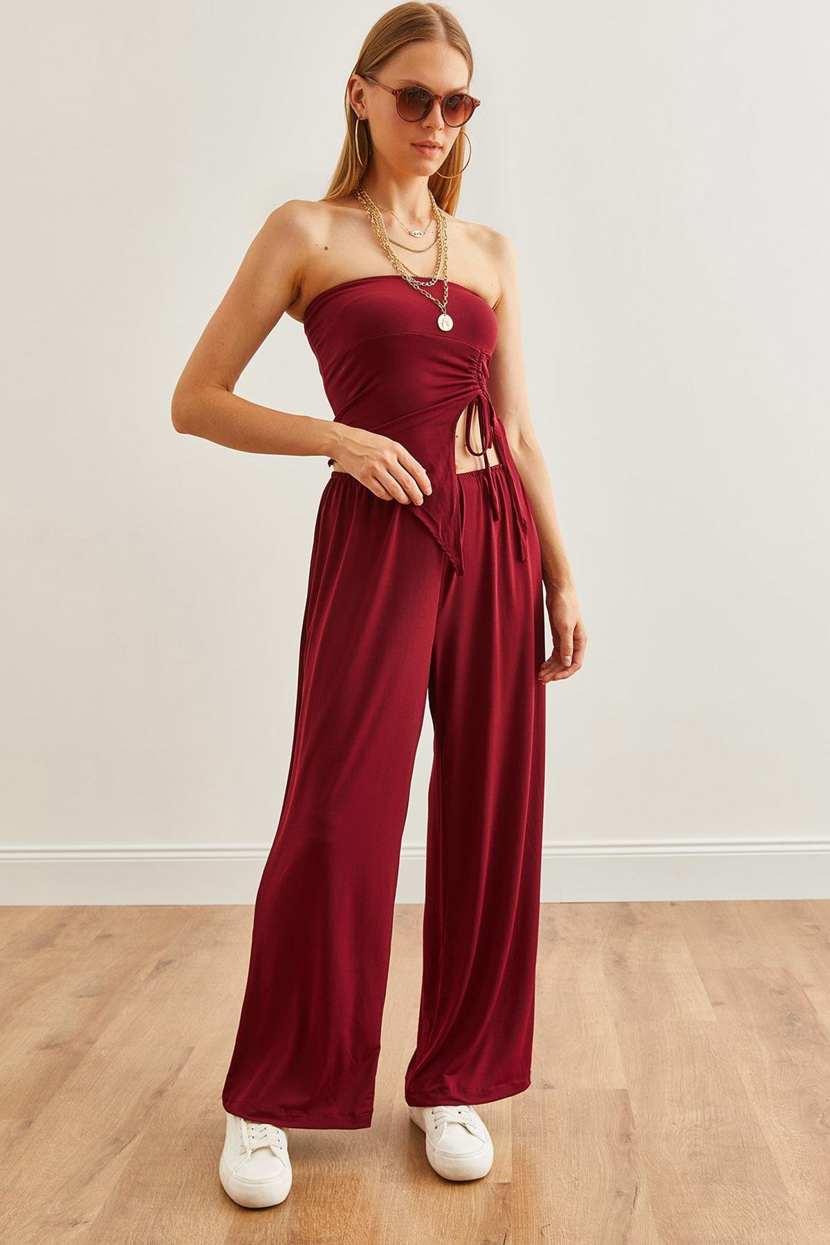 Üst Straplez Asimetrik Bluz Alt Palazzo Pantolon Takım Bordo