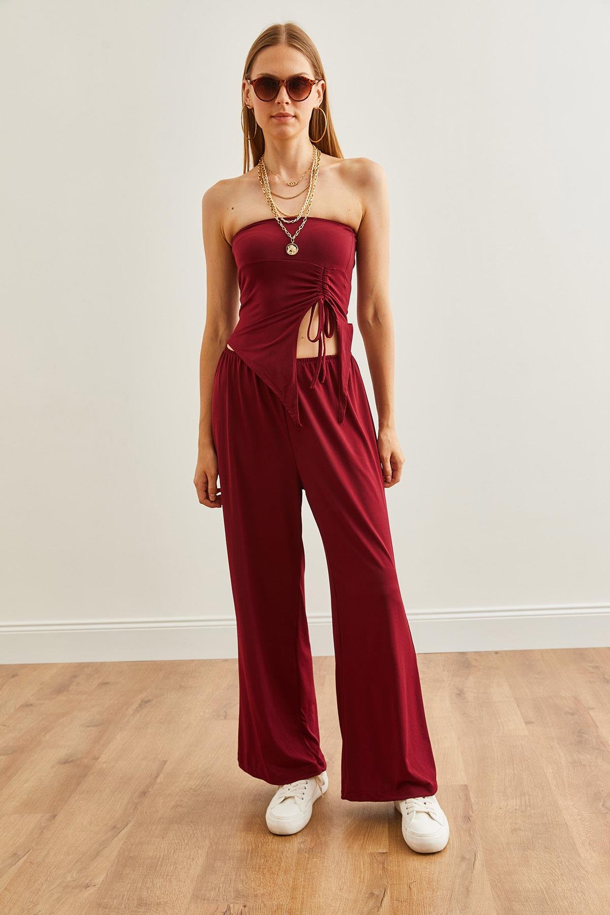 Üst Straplez Asimetrik Bluz Alt Palazzo Pantolon Takım Bordo