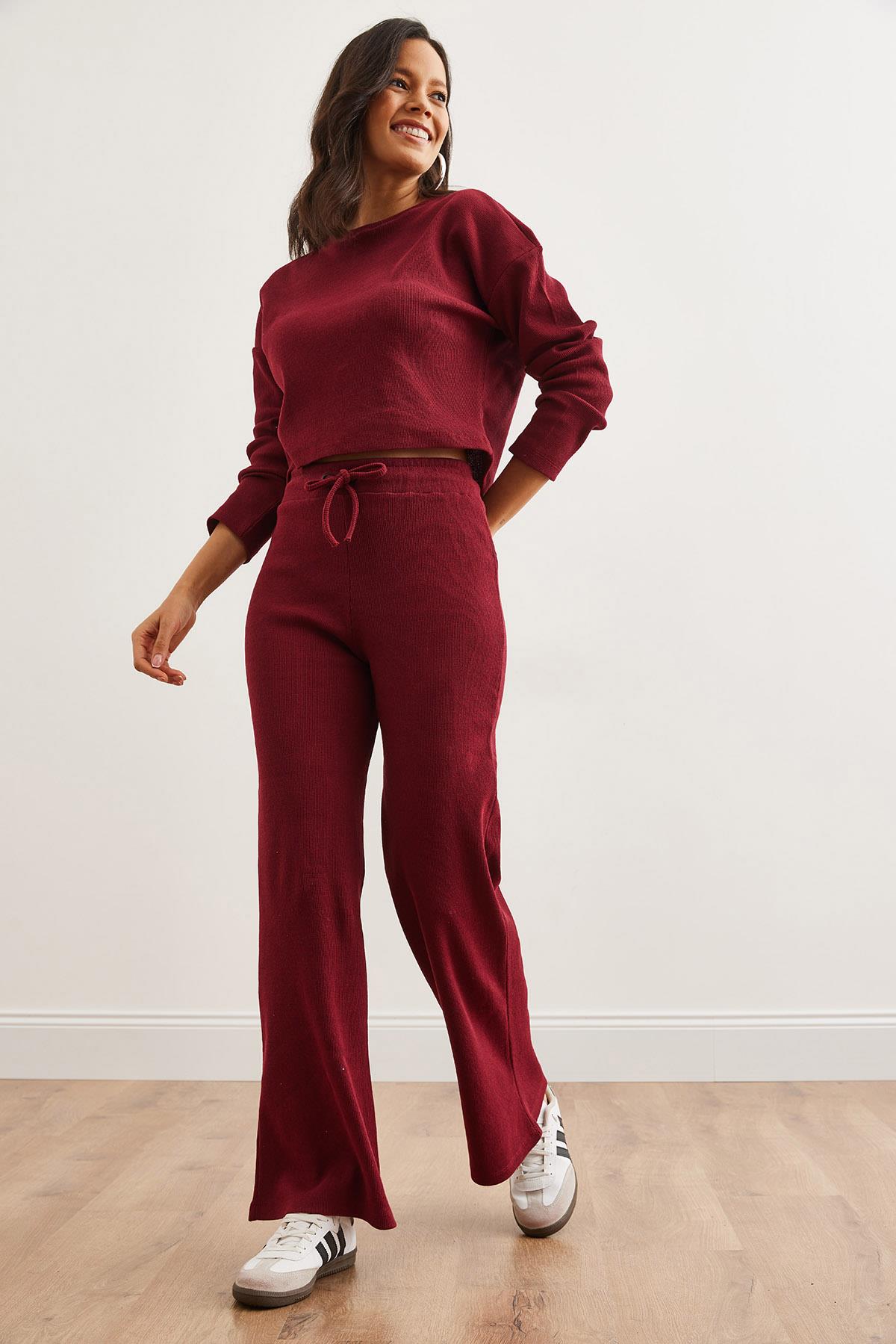 Üst Yarasa Bluz Alt Bağcıklı Pantolon Takım Bordo