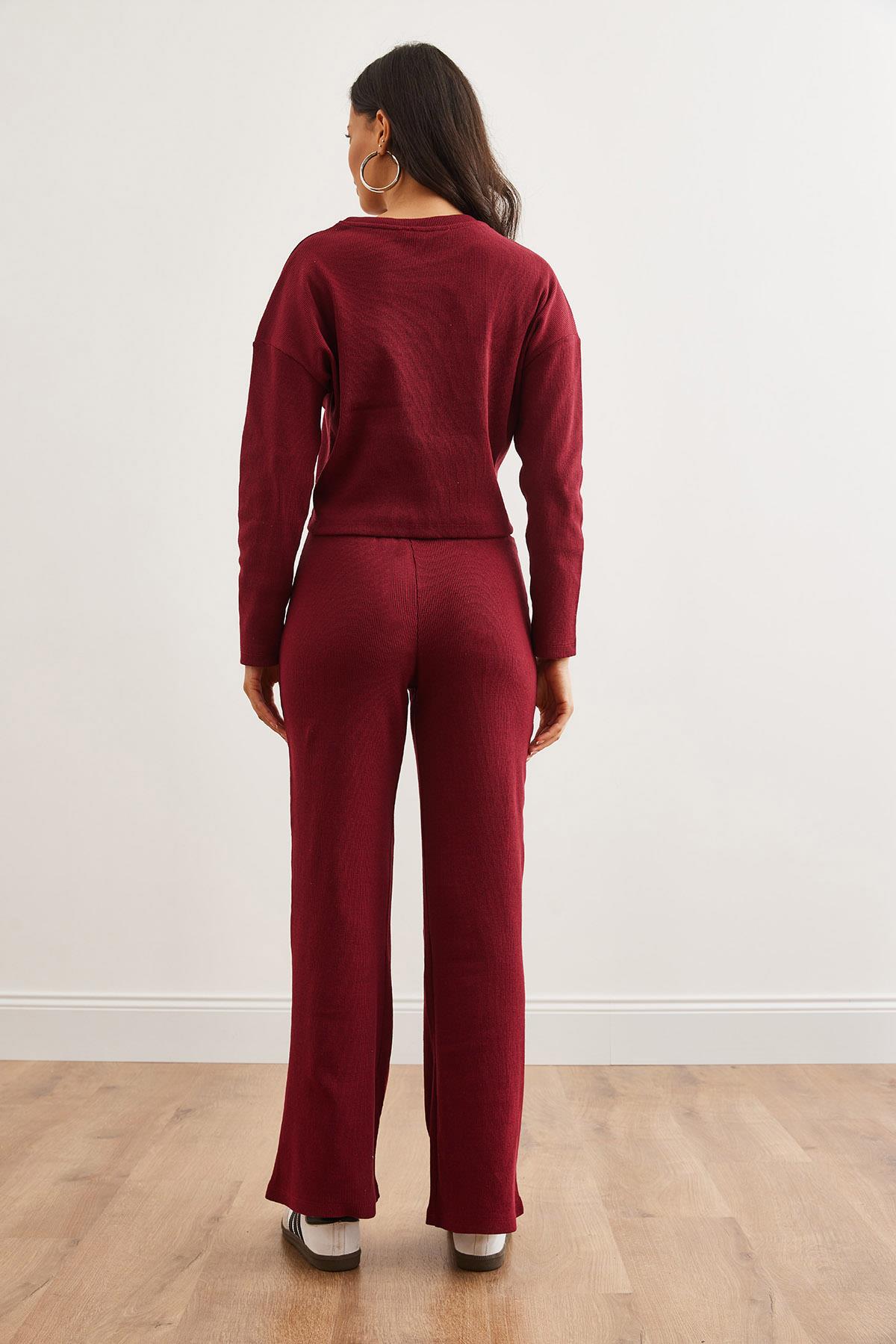 Üst Yarasa Bluz Alt Bağcıklı Pantolon Takım Bordo