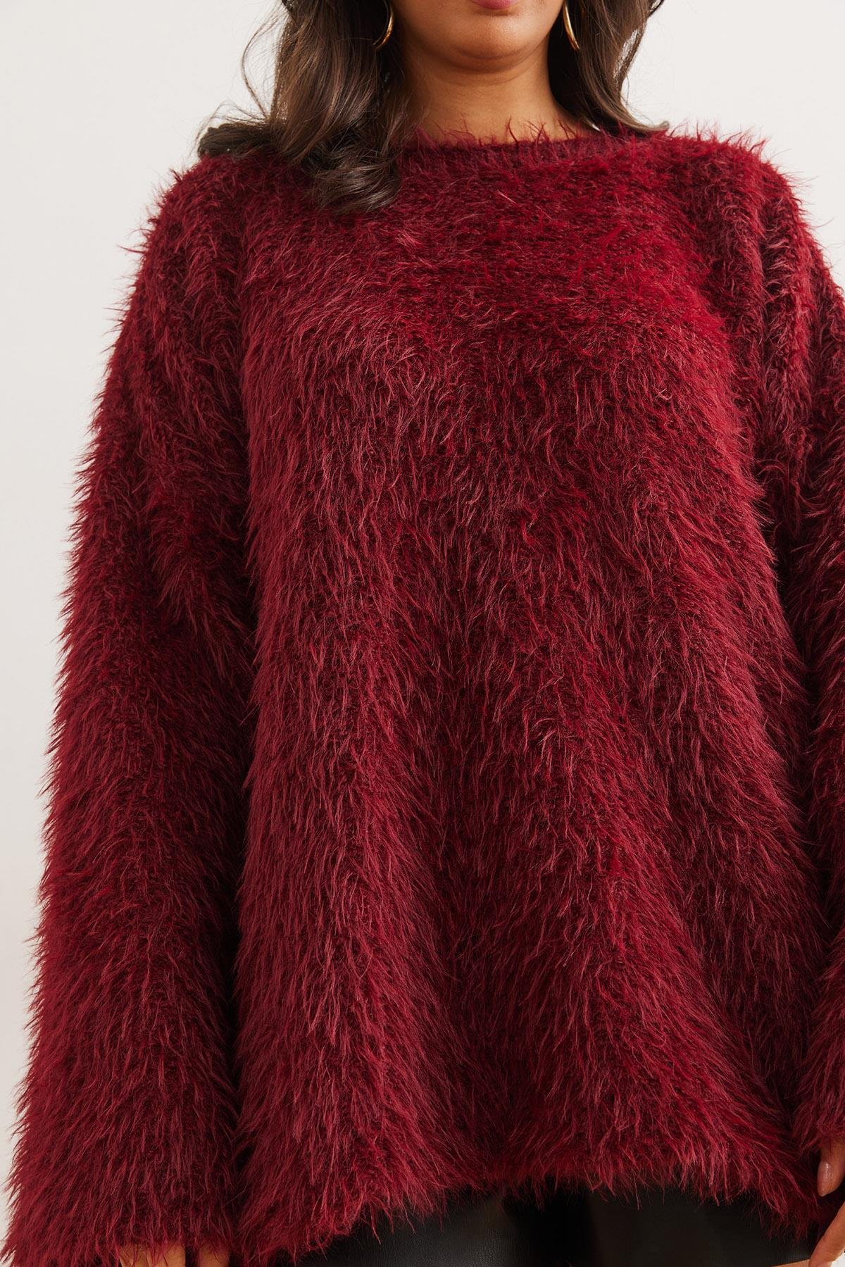 Uzun Sakallı Oversize Triko Kazak Bordo