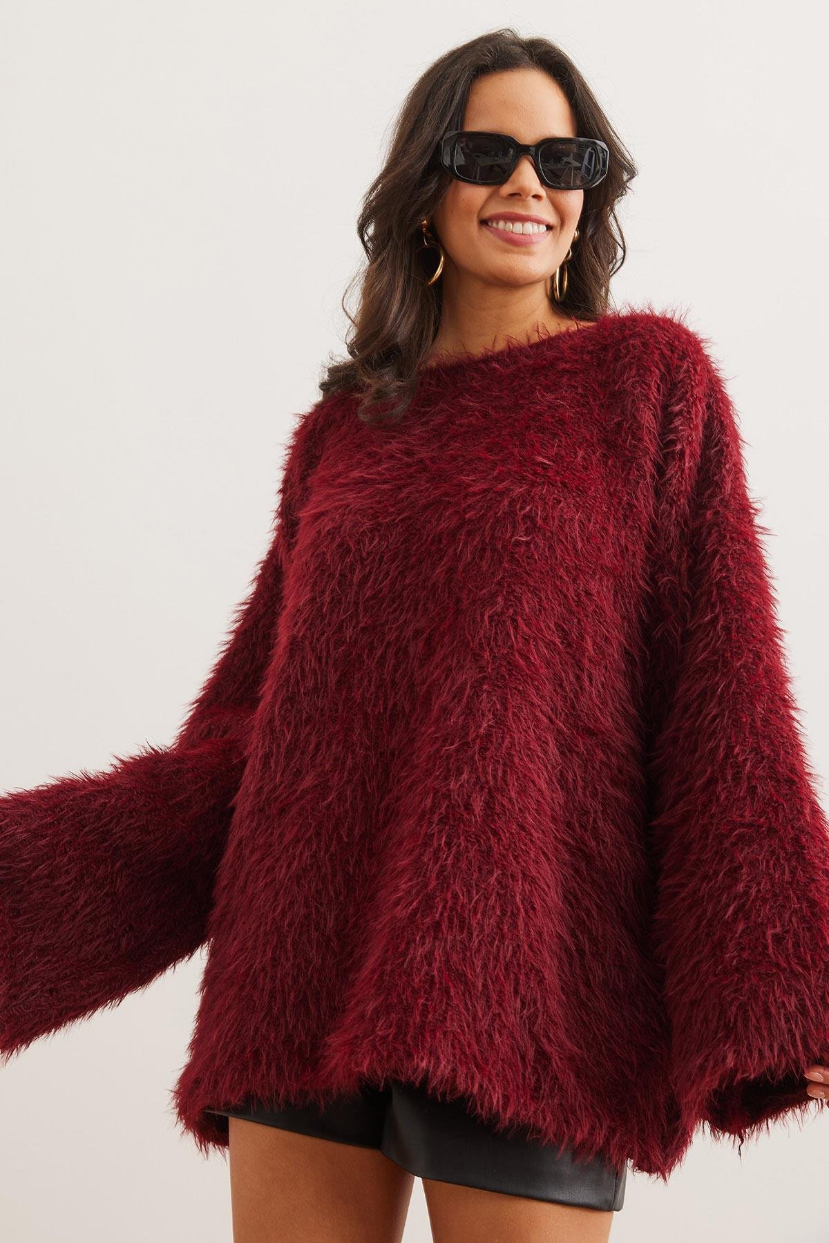 Uzun Sakallı Oversize Triko Kazak Bordo