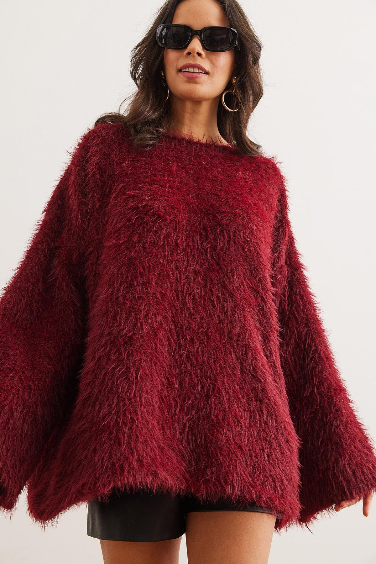 Uzun Sakallı Oversize Triko Kazak Bordo