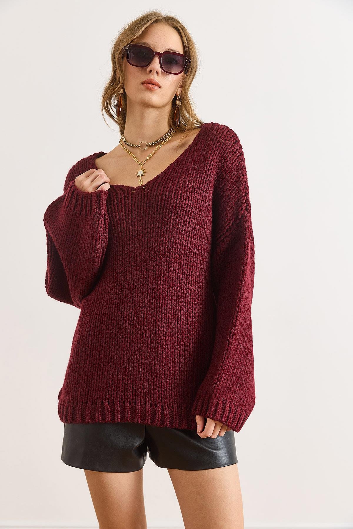 V Yaka Açık Örgü Oversize Triko Kazak Bordo