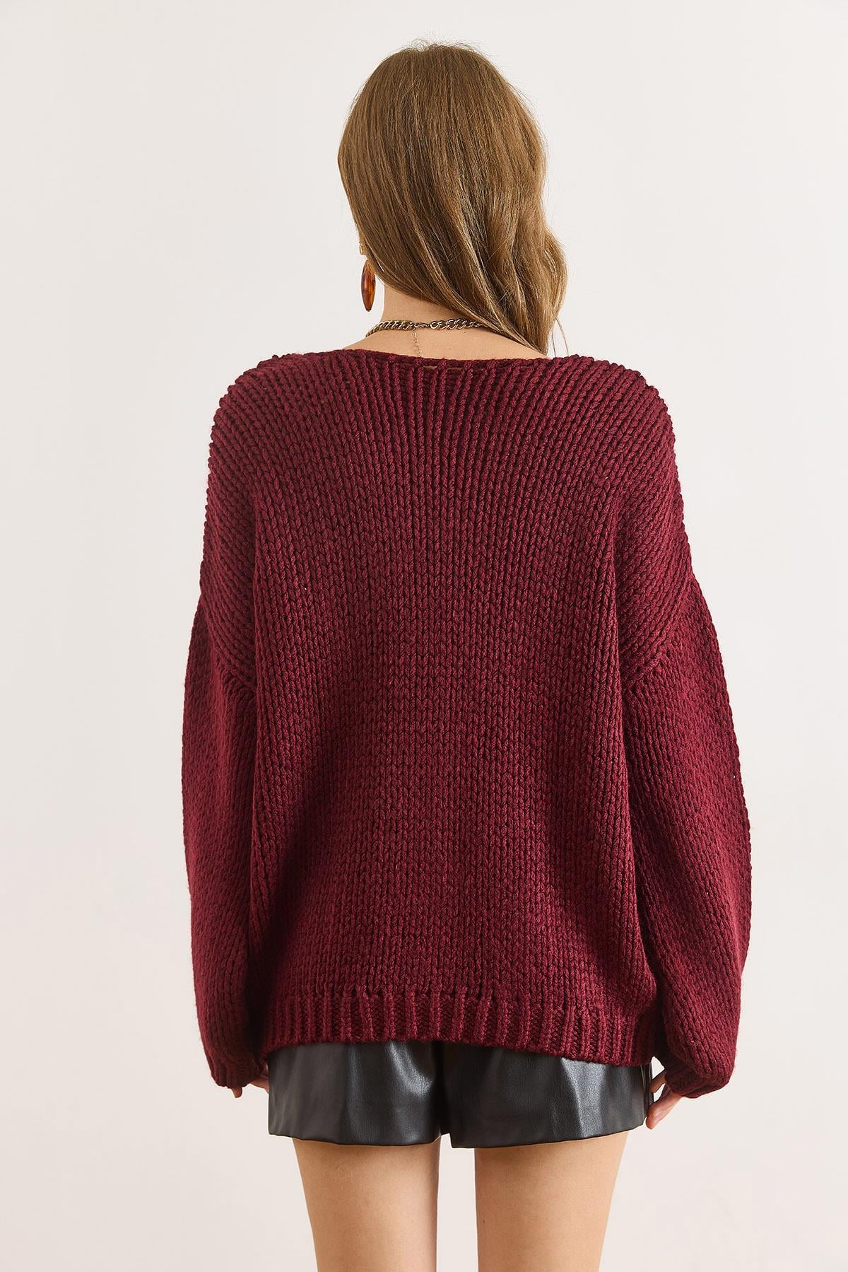 V Yaka Açık Örgü Oversize Triko Kazak Bordo