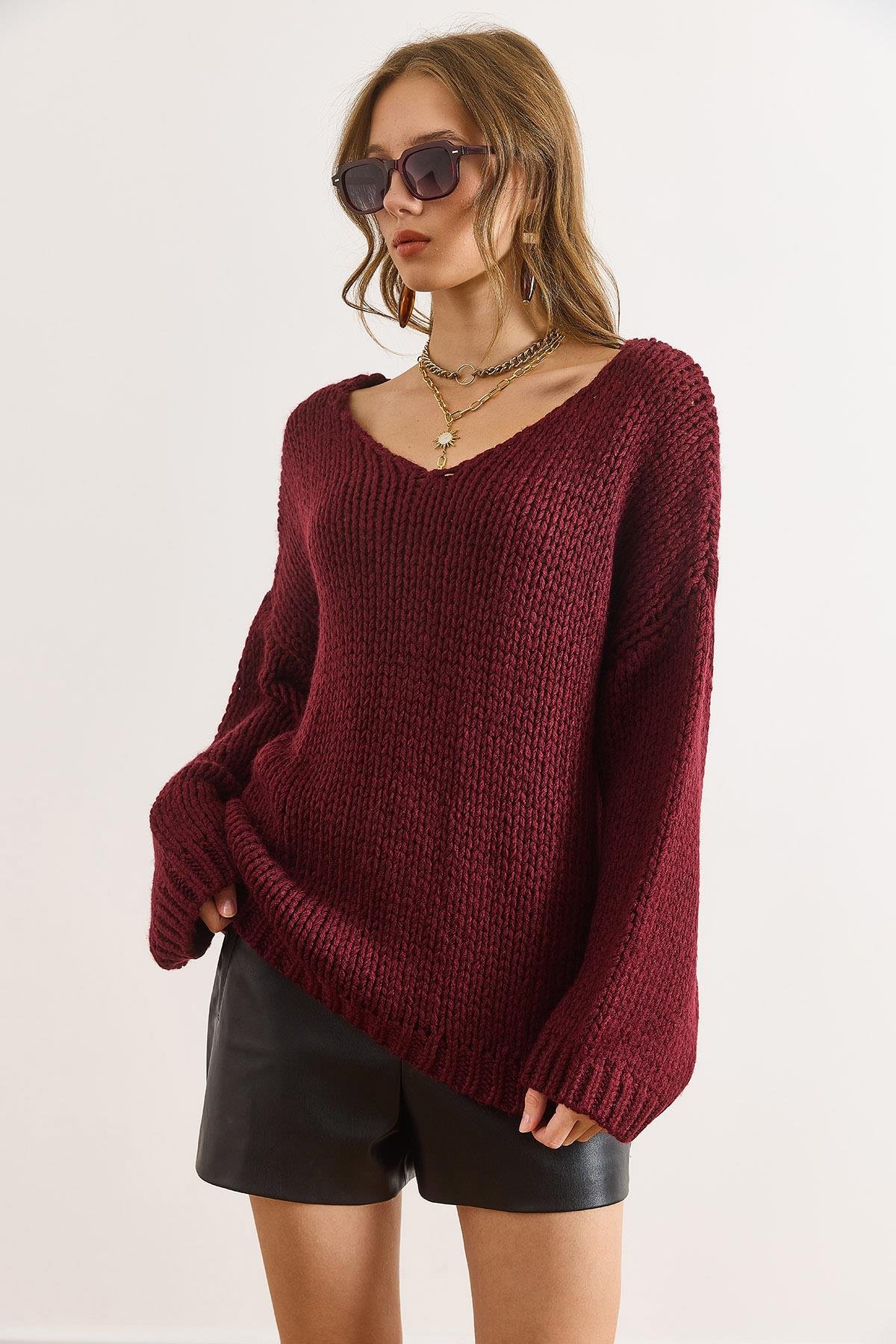 V Yaka Açık Örgü Oversize Triko Kazak Bordo