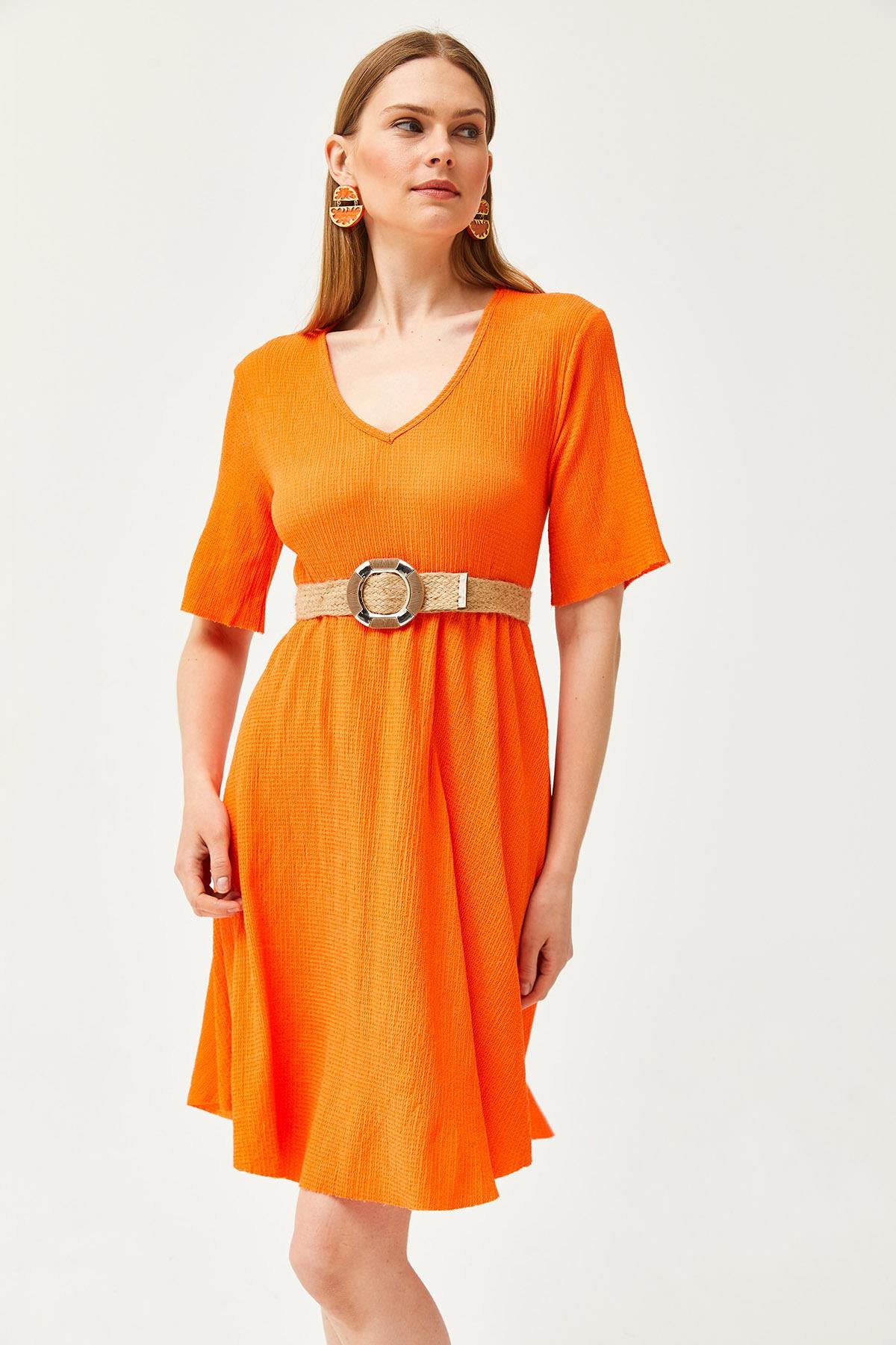 V Yaka Beli Lastikli Mini Elbise Turuncu