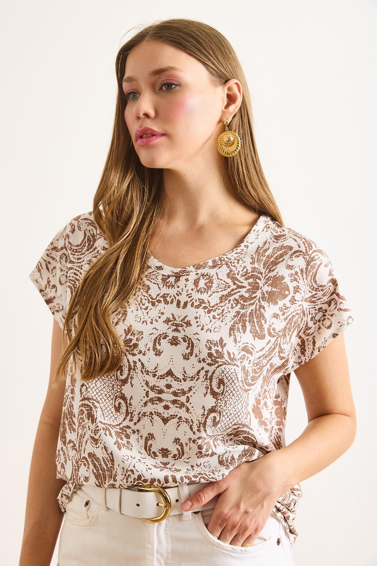 V Yaka Dokuma Viskon Bluz Etnik Vizon