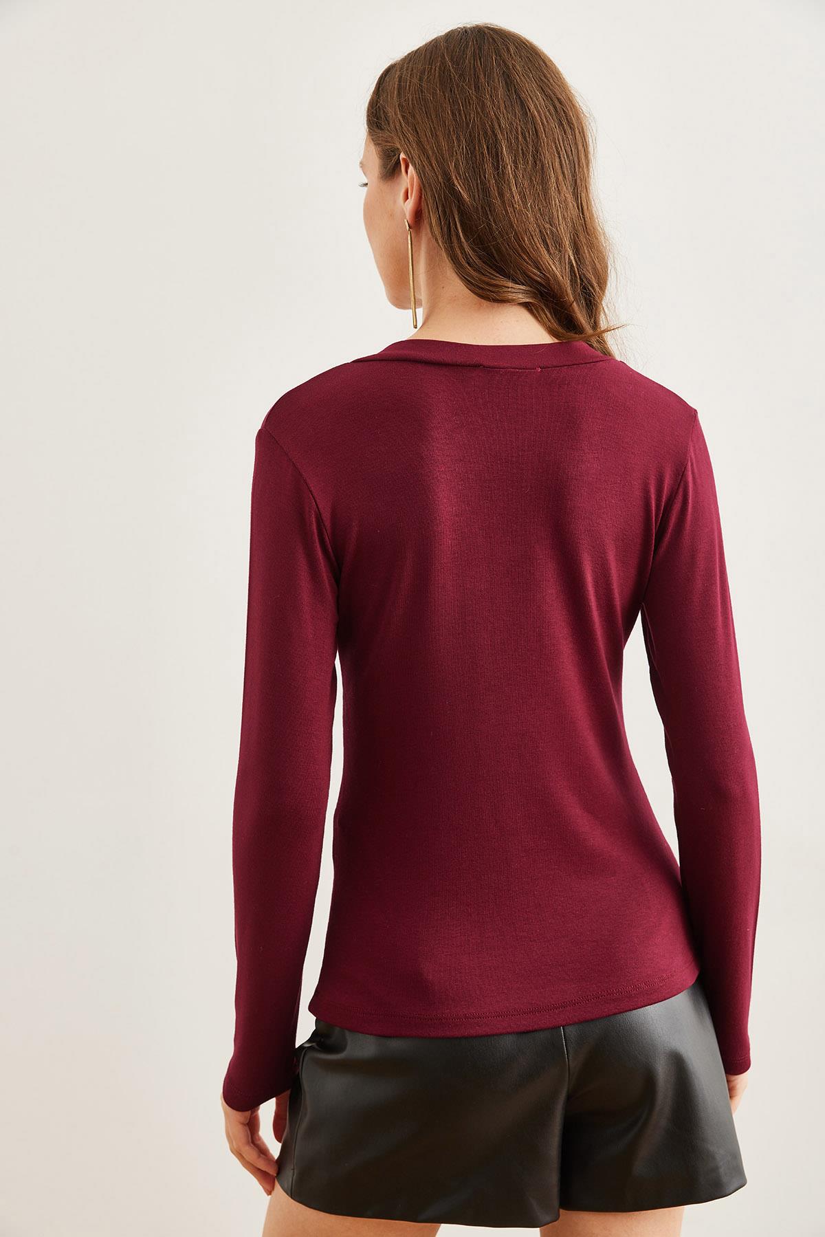 V Yaka Dökümlü Soft Touch Bluz Bordo