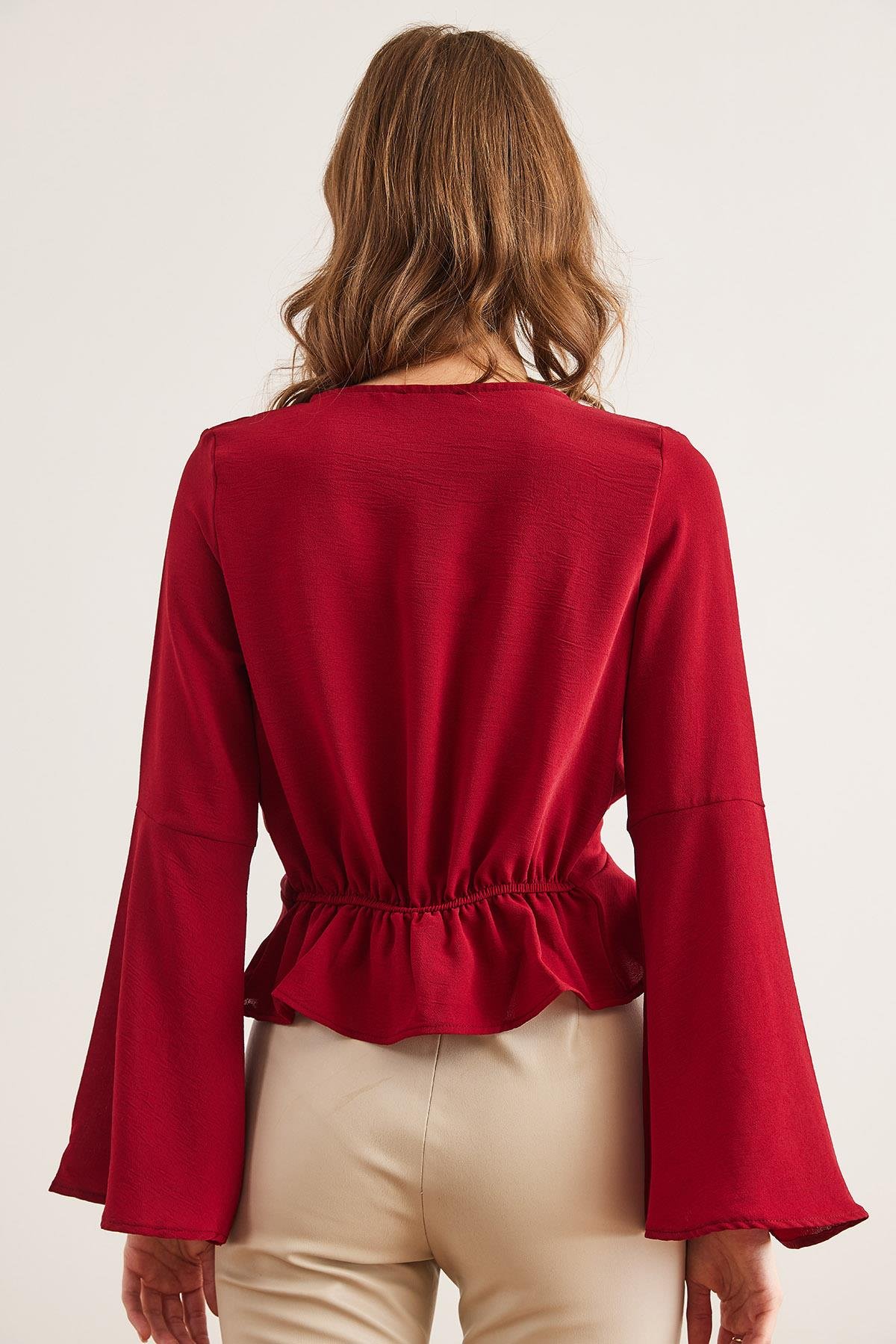 V Yaka İspanyol Kol Düğüm Detaylı Dökümlü Bluz Bordo