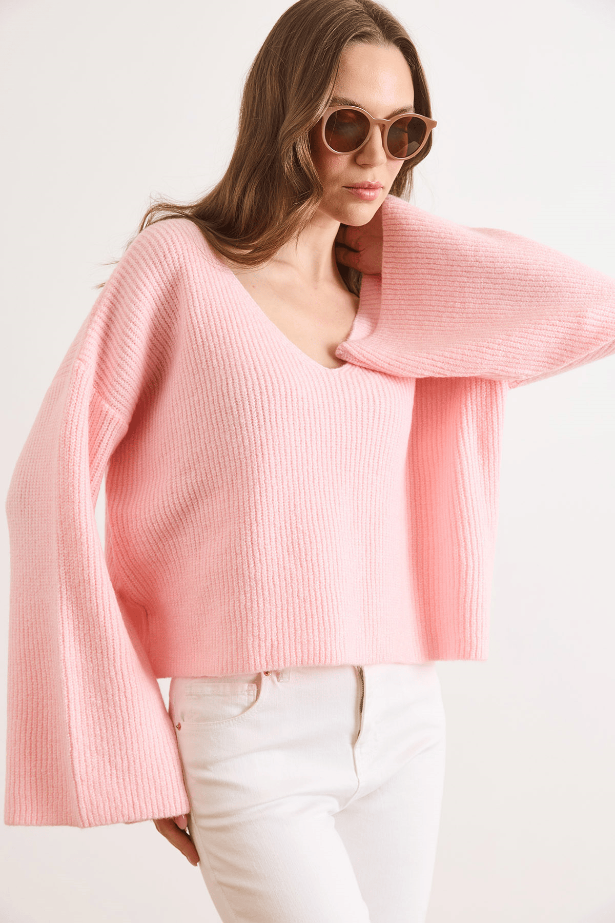 V Yaka İspanyol Kol Yumuşak Dokulu Crop Triko Kazak Pembe