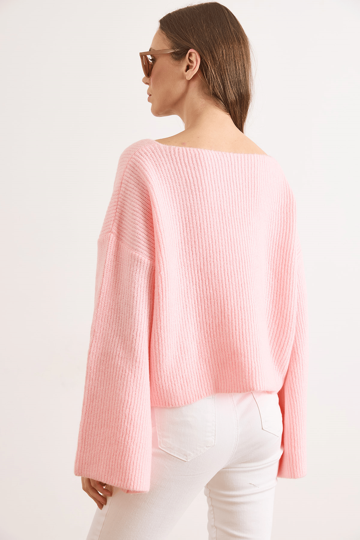 V Yaka İspanyol Kol Yumuşak Dokulu Crop Triko Kazak Pembe