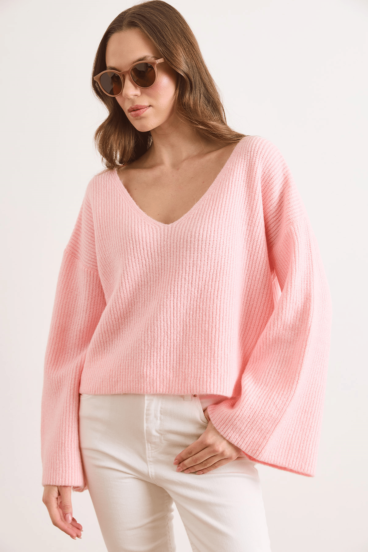 V Yaka İspanyol Kol Yumuşak Dokulu Crop Triko Kazak Pembe
