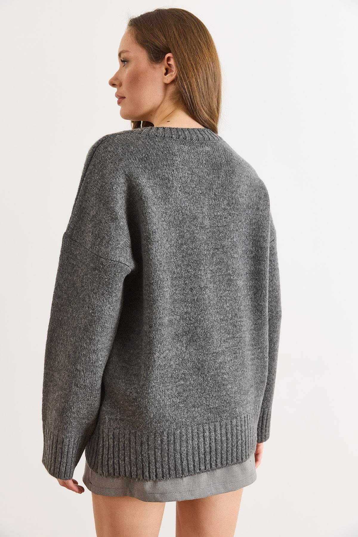 V Yaka Oversize Basic Triko Kazak Antrasit