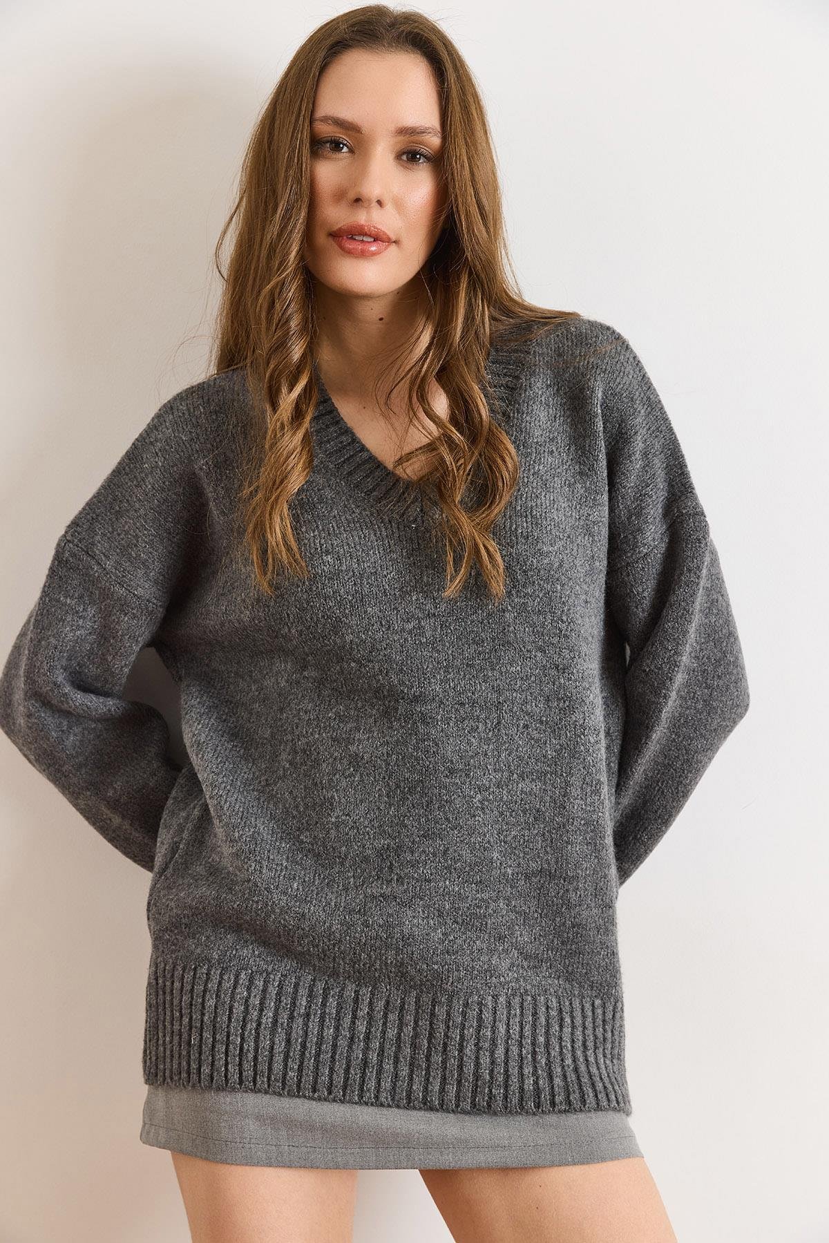 V Yaka Oversize Basic Triko Kazak Antrasit