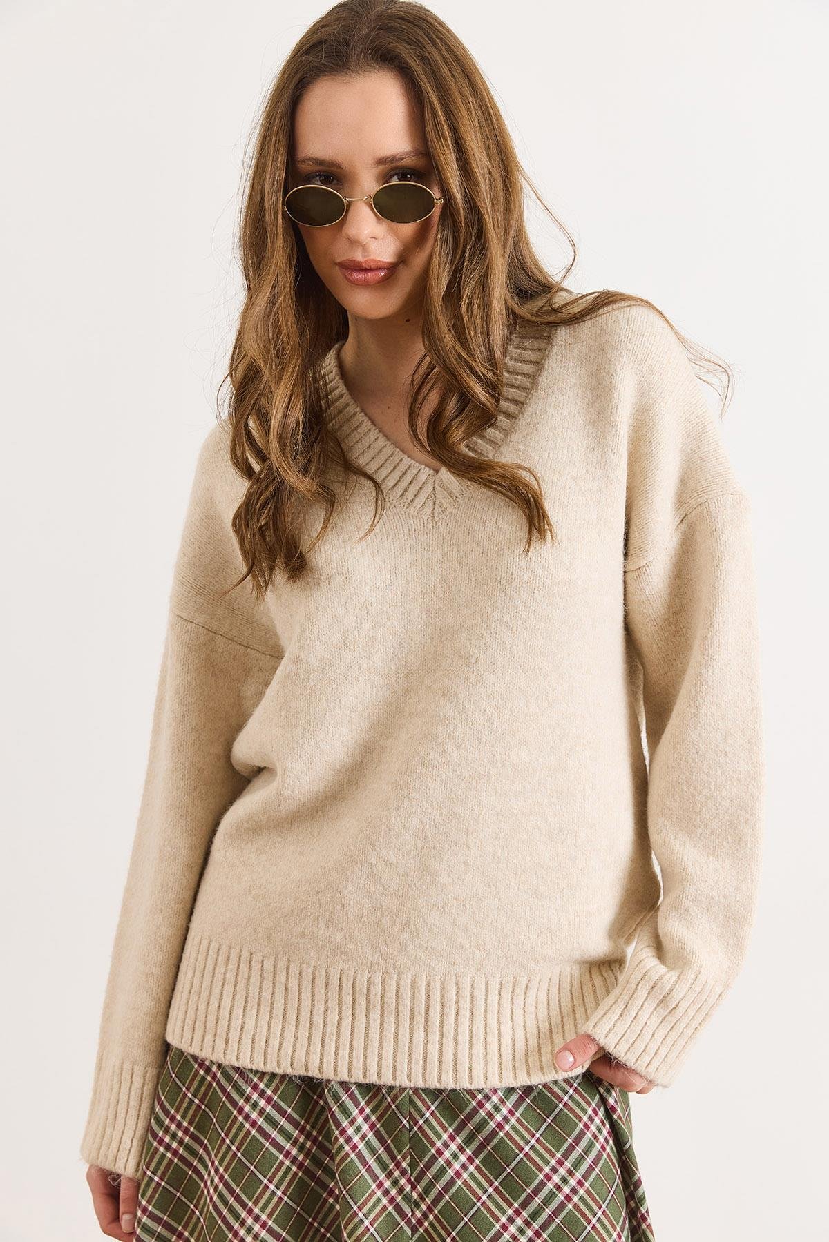 V Yaka Oversize Basic Triko Kazak Taş