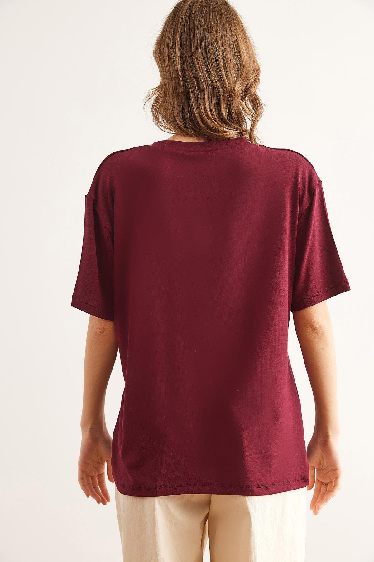 V Yaka Salaş Soft Touch Bluz Bordo