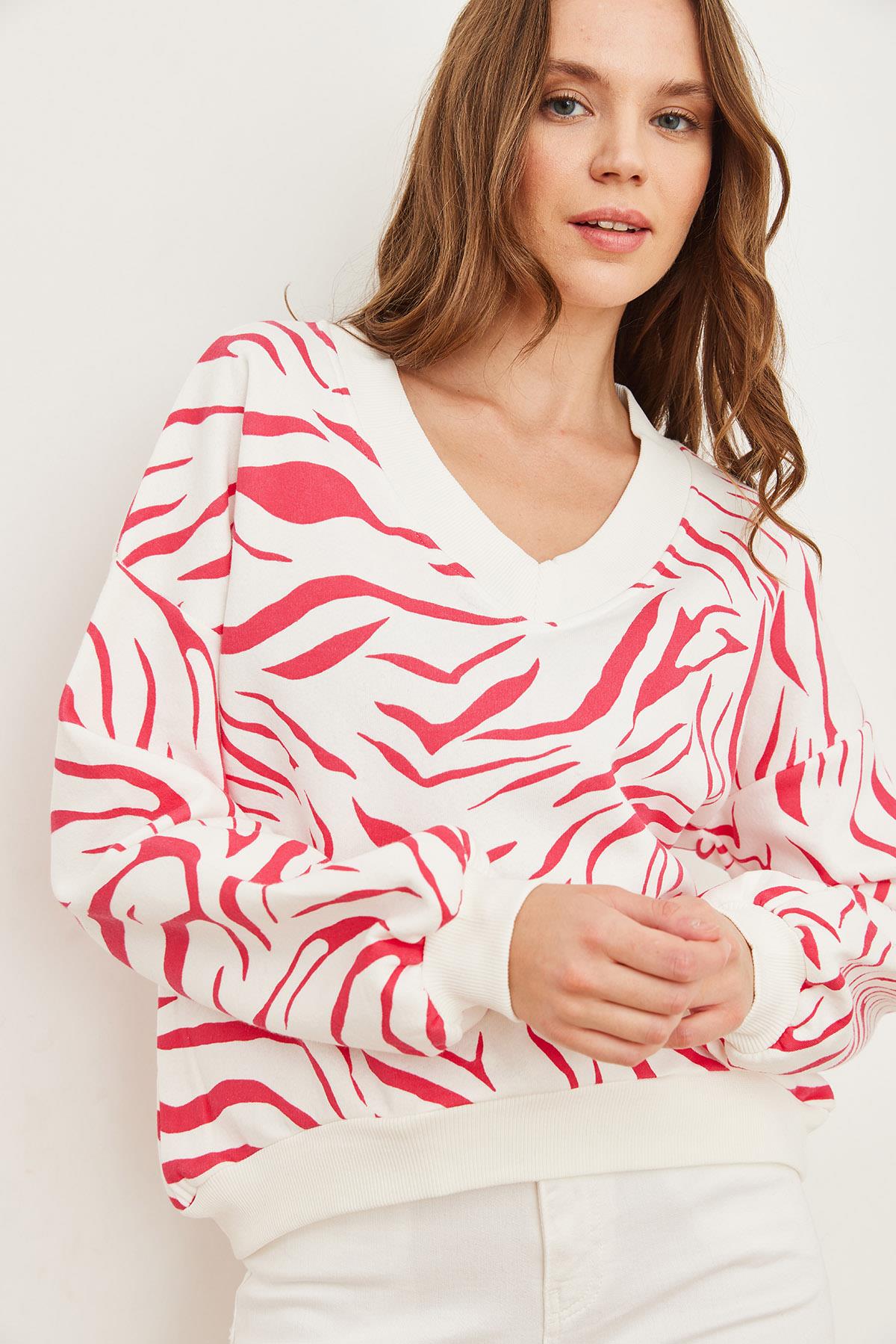 V Yaka Şardonlu Zebra Kalın Sweatshirt Fuşya