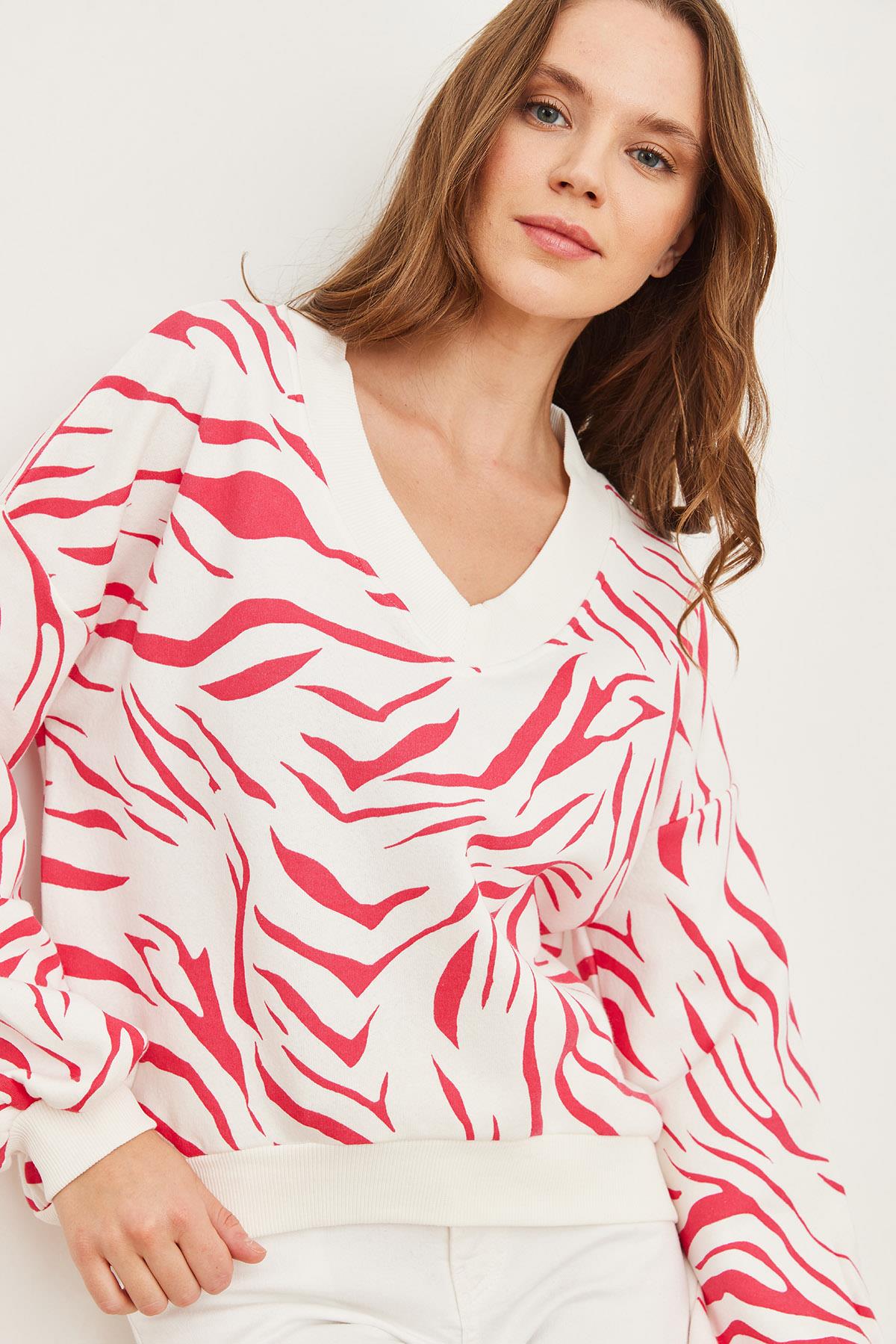 V Yaka Şardonlu Zebra Kalın Sweatshirt Fuşya