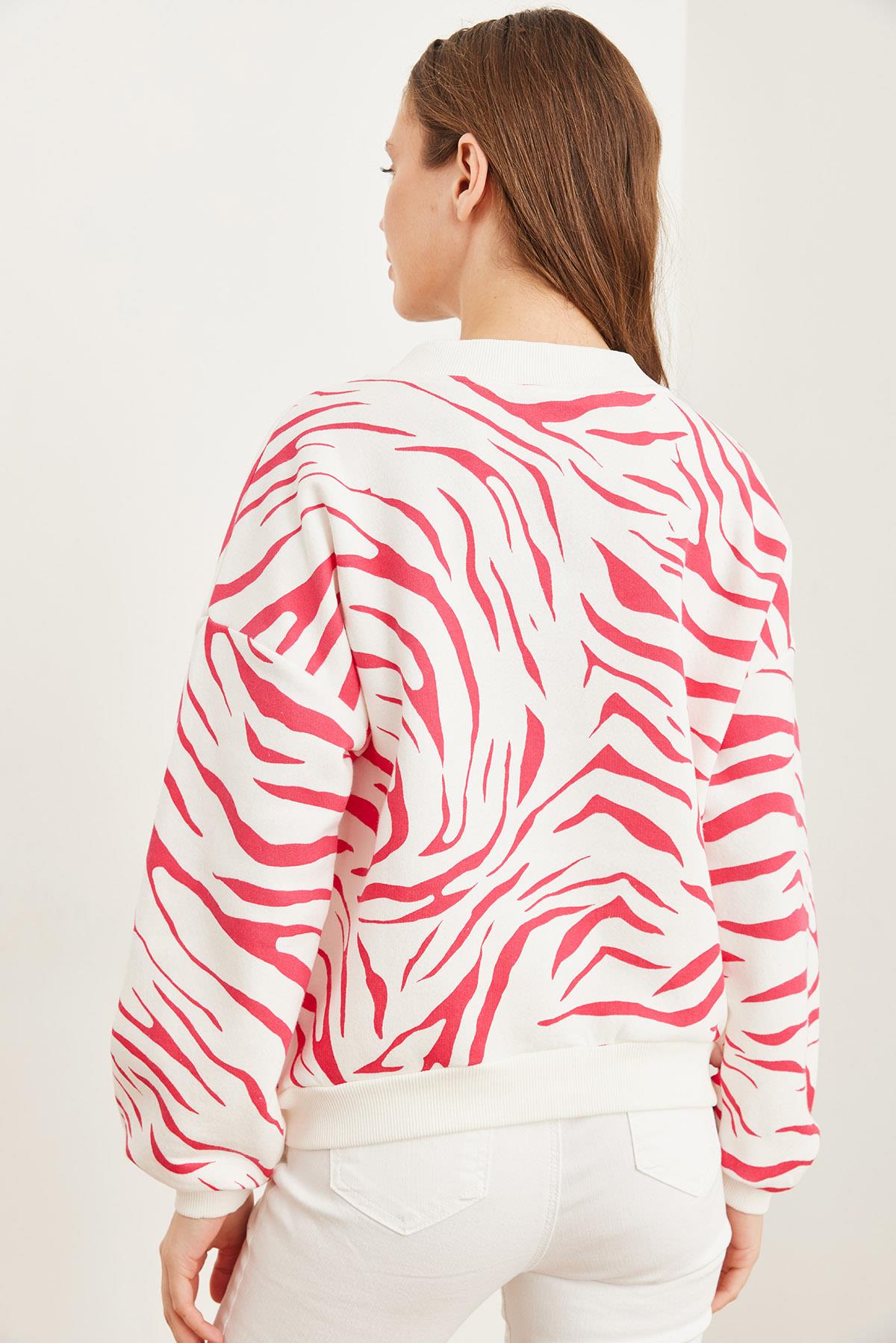 V Yaka Şardonlu Zebra Kalın Sweatshirt Fuşya