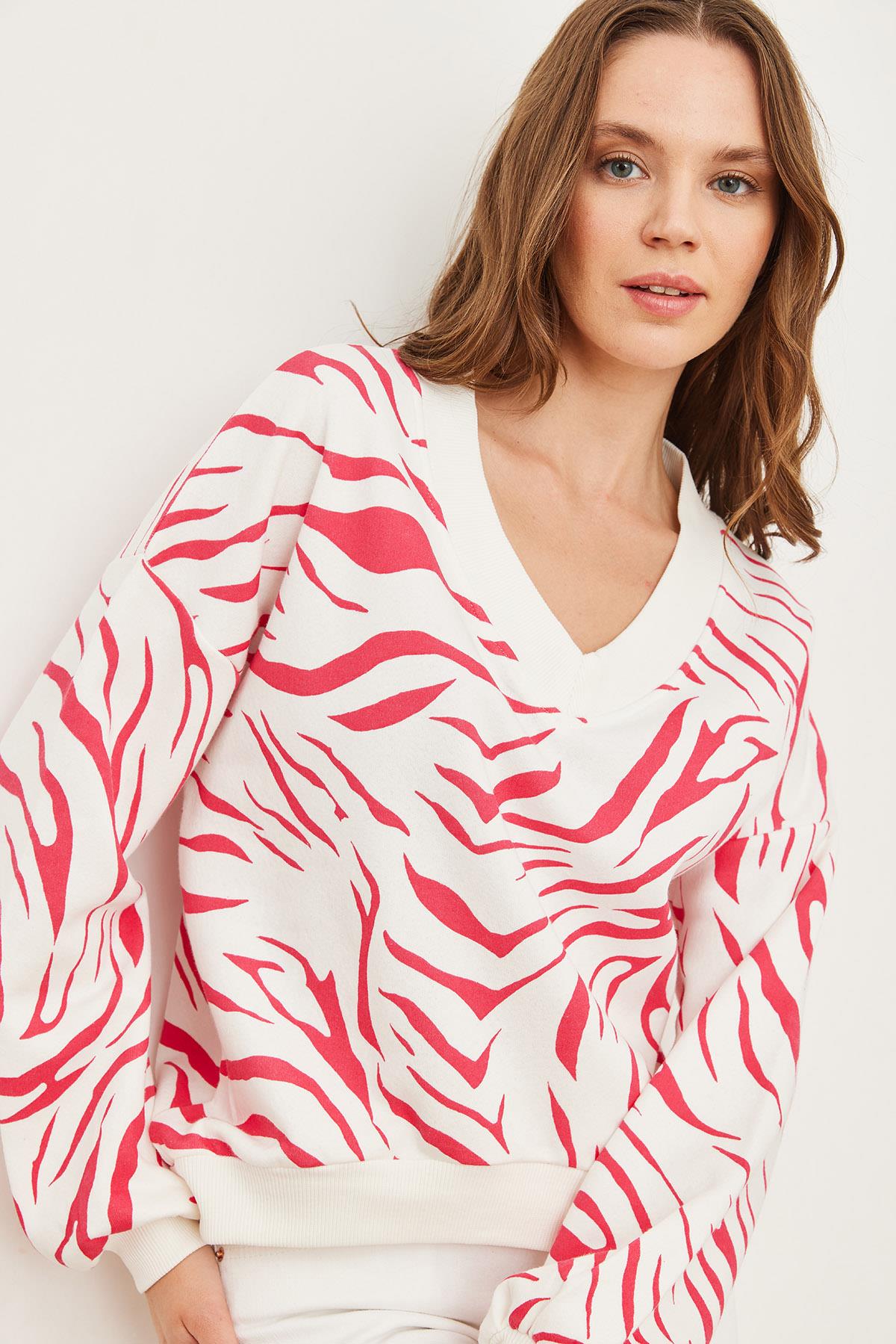 V Yaka Şardonlu Zebra Kalın Sweatshirt Fuşya