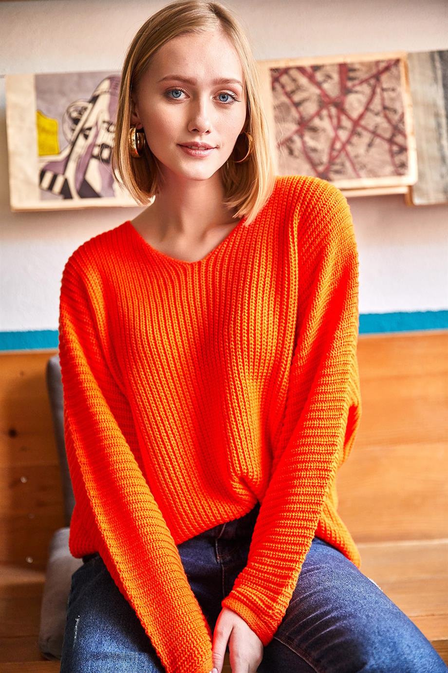 V Yaka Selanik Örgü Oversize Triko Tunik Turuncu