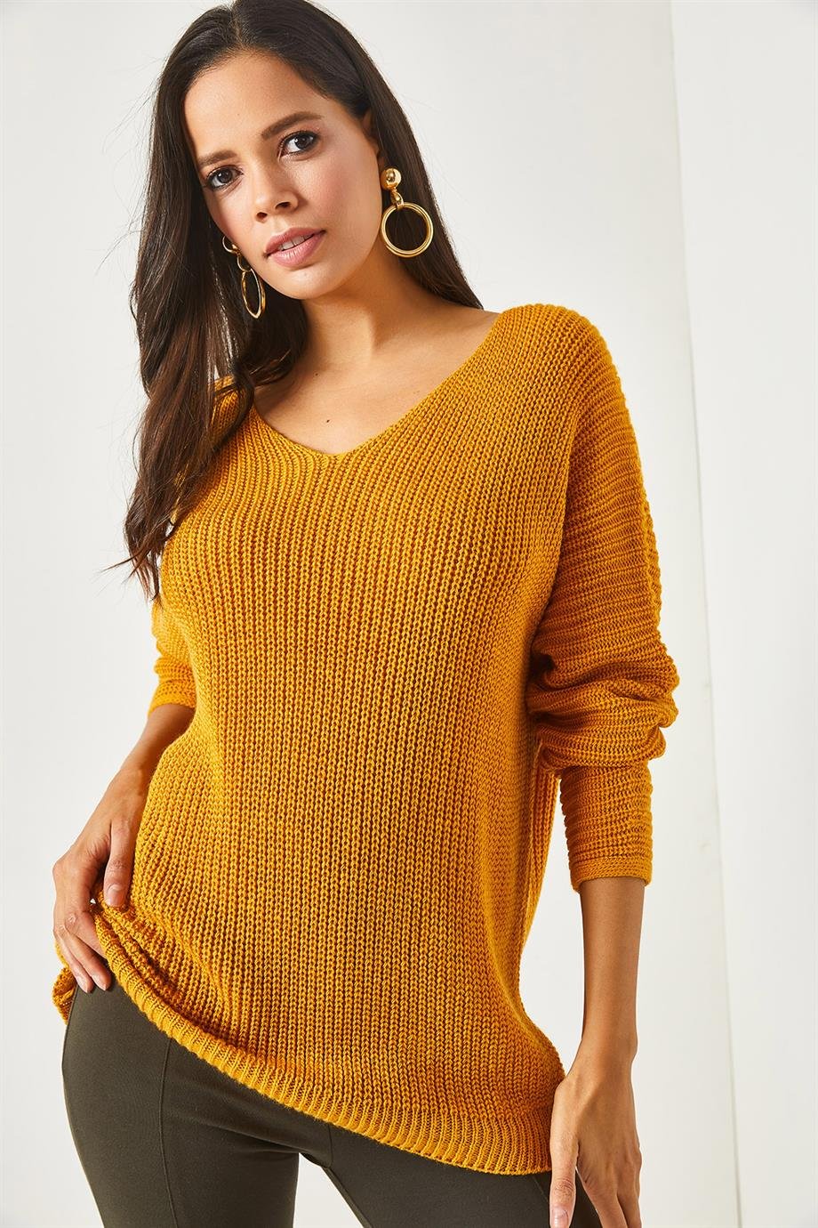 V Yaka Selanik Örgü Oversize Triko Tunik Hardal