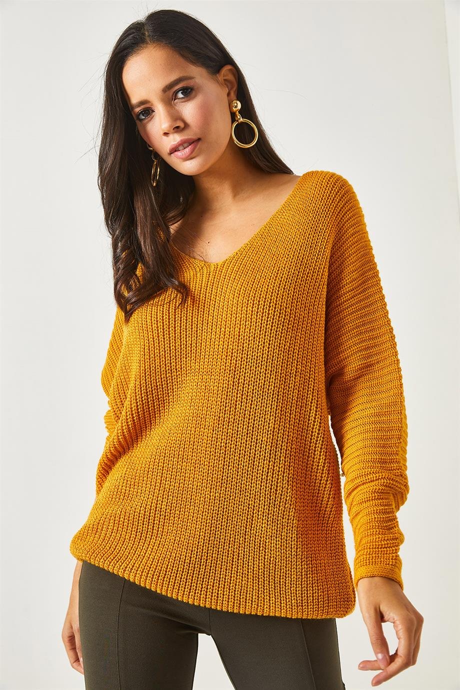 V Yaka Selanik Örgü Oversize Triko Tunik Hardal
