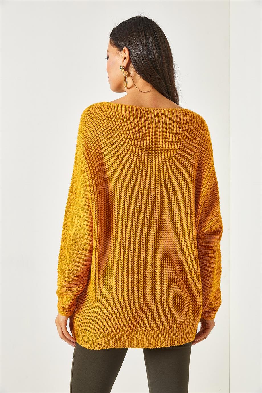 V Yaka Selanik Örgü Oversize Triko Tunik Hardal