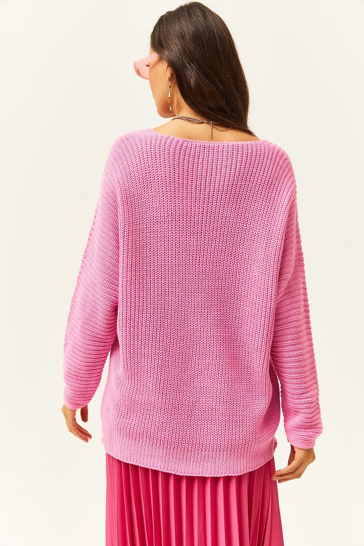 V Yaka Selanik Örgü Oversize Triko Tunik Şeker Pembe