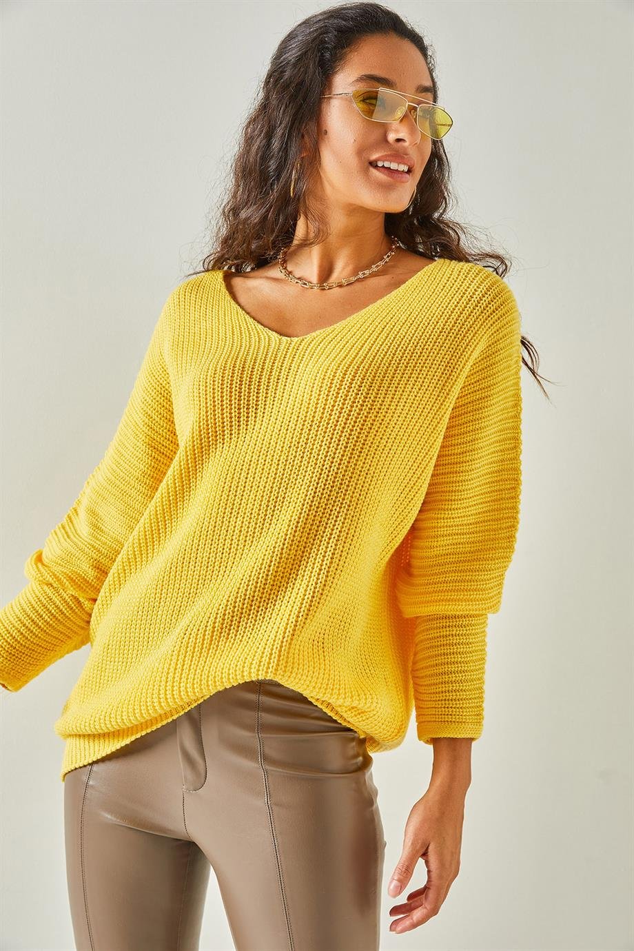 V Yaka Selanik Örgü Oversize Triko Tunik Sarı