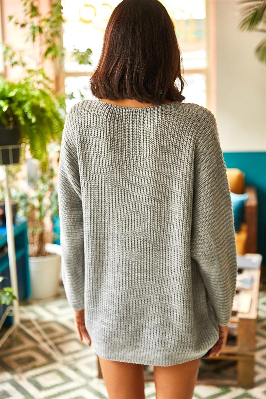 V Yaka Selanik Örgü Oversize Triko Tunik Gri