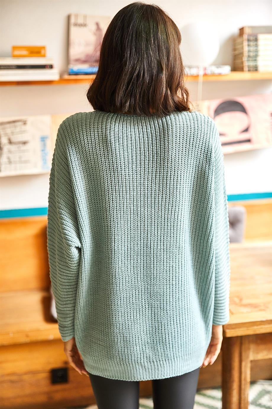 V Yaka Selanik Örgü Oversize Triko Tunik Çağla Yeşili