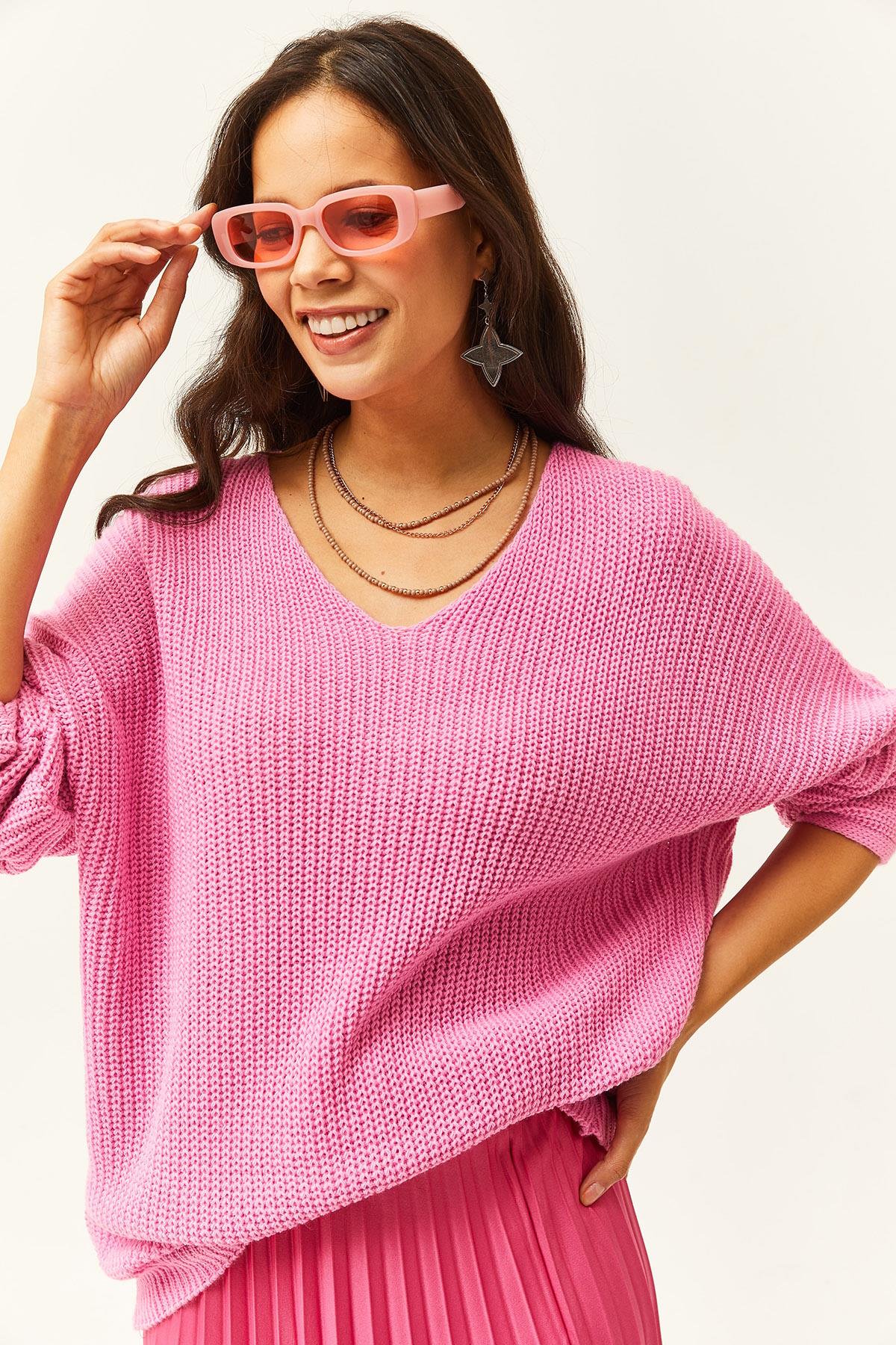 V Yaka Selanik Örgü Oversize Triko Tunik Şeker Pembe