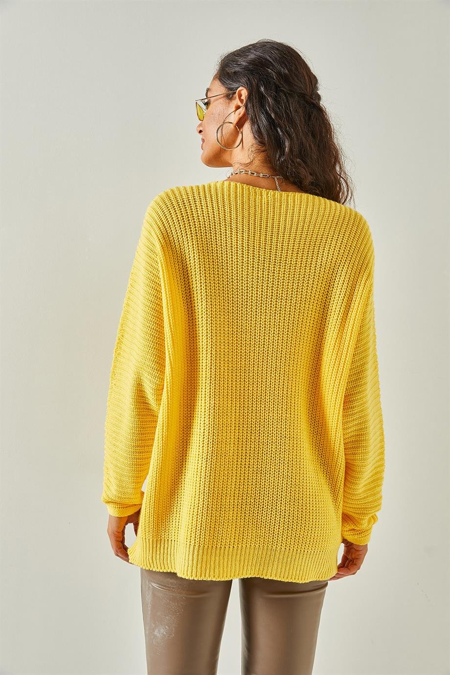 V Yaka Selanik Örgü Oversize Triko Tunik Sarı
